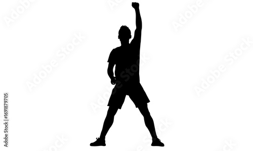 Silhouette of a person with one arm raised in the air, celebrating or cheering.