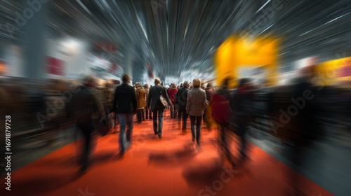 A dynamic scene capturing a bustling crowd moving through an exhibition space, highlighted by vibrant colors and a sense of motion.