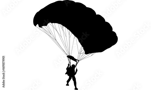 Silhouette of a skydiver with parachute against a white background.