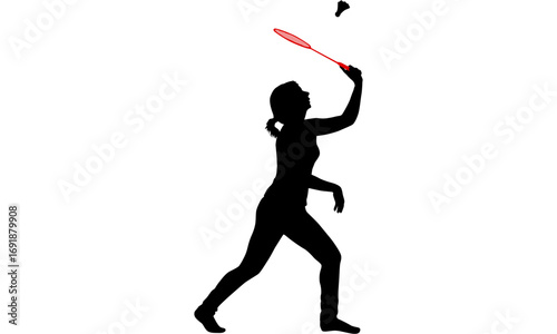 Silhouette of a woman playing badminton, with a badminton racket and shuttlecock in the air.