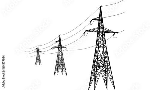 A row of three electricity pylons with power lines receding into the distance on a white background.
