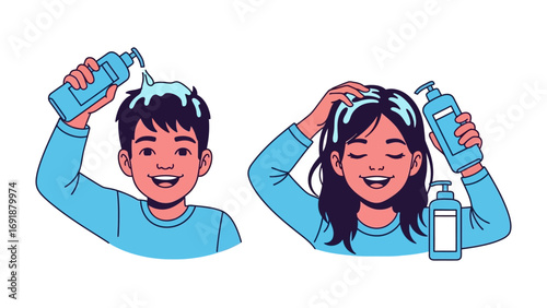 Joyful young man and woman happily washing their hair with shampoo and conditioner bottles in a clean bright illustration