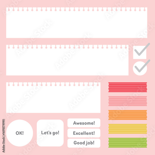 A vector set of message frames featuring perforated notebook-style papers and striped rectangular sticker labels. Ideal for notes, planning, or casual layouts.