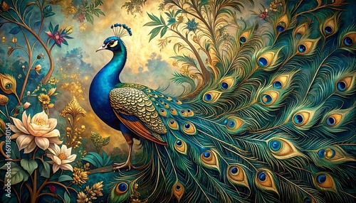 Peacock amidst ornate floral garden