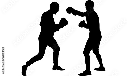 Silhouette of two boxers engaged in a sparring match, one throwing a punch while the other defends.