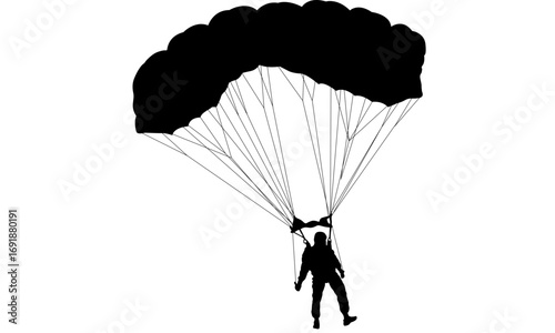 Silhouette of a skydiver with open parachute.