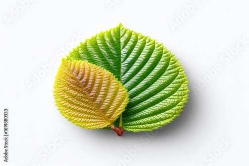 Two overlapping leaves, one vibrant green, one transitioning from yellow-green to orange-red, on a white background