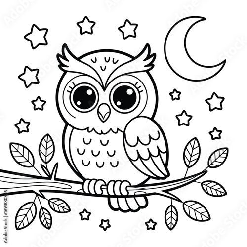 Black and white line art illustration of a cute owl sitting on a branch with stars and a crescent moon