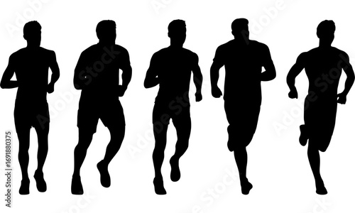 Silhouette image of five runners in a race.