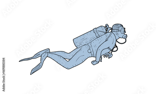 A scuba diver in a streamlined swimming position underwater.