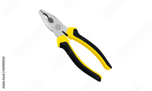Close-up of a yellow and black pliers tool, isolated on a white background, for construction.