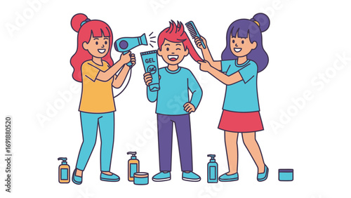 Three diverse cartoon children playfully styling each other s hair with hairdryers and brushes in a fun salon setting