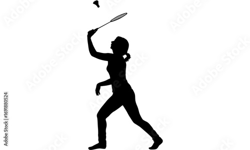 Silhouette of a woman playing badminton, showing athletic stance and racket in motion.