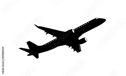 Silhouette of a passenger airplane taking off against a white background.