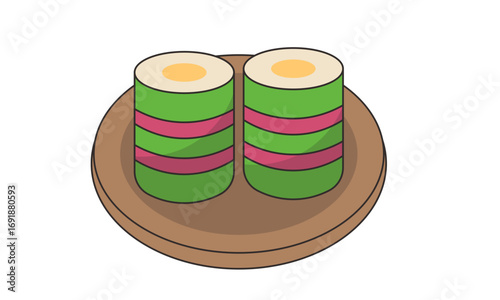 Two cylindrical green sushi rolls with pink stripes and yellow centers served on a brown plate.
