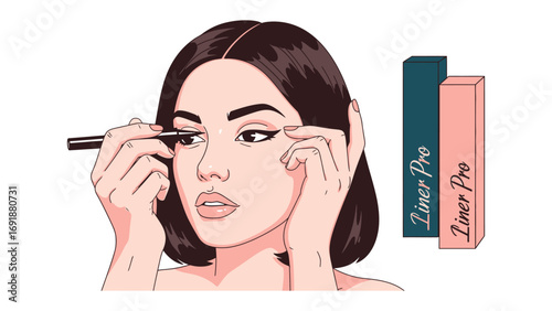 Close up of a young woman with short dark hair applying black liquid eyeliner to her eye with a steady hand showcasing makeup application and beauty products