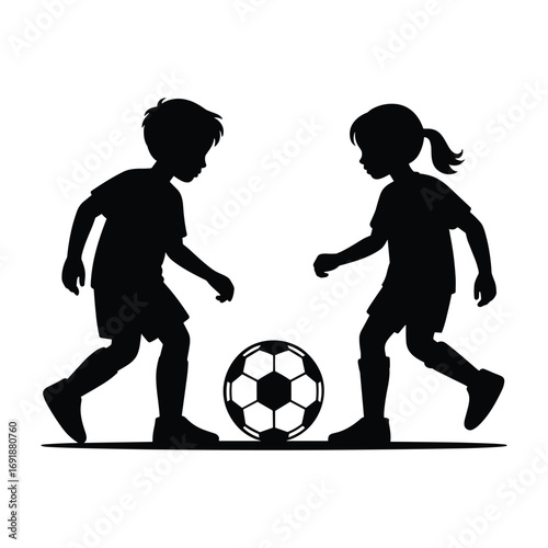 Black silhouette of a boy and a girl playing soccer on a white background children football