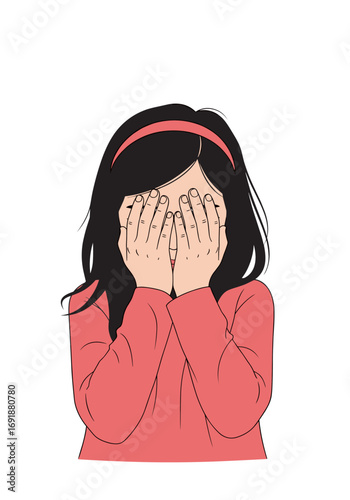Shy girl hiding face with hands, peeking out playfully, representing innocence and vulnerability