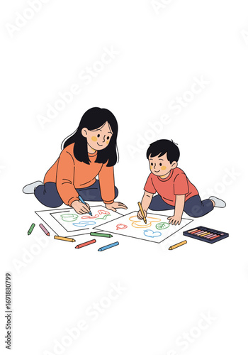 Joyful siblings creating art together, fostering imagination and bonding through colorful drawing activities indoors