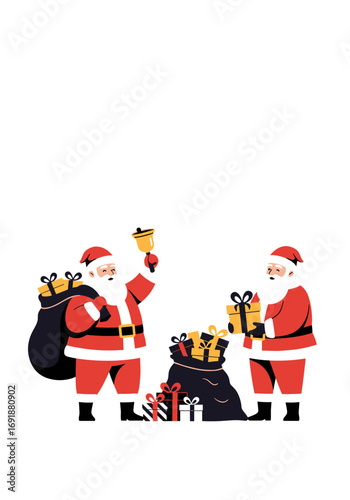 Merry Santas sharing festive gifts and ringing joyful bells for Christmas celebrations