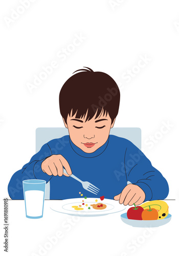 Young boy happily eating nutritious breakfast with milk and fresh fruit at home