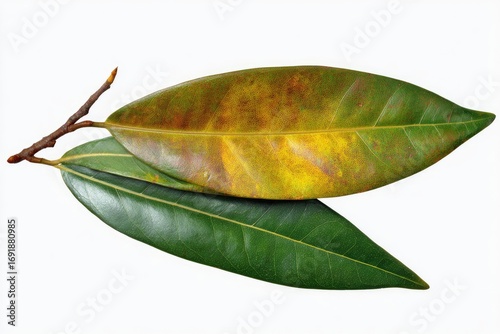 Two leaves, one green, one variegated yellow-brown and orange-brown, on a branch, against a white background