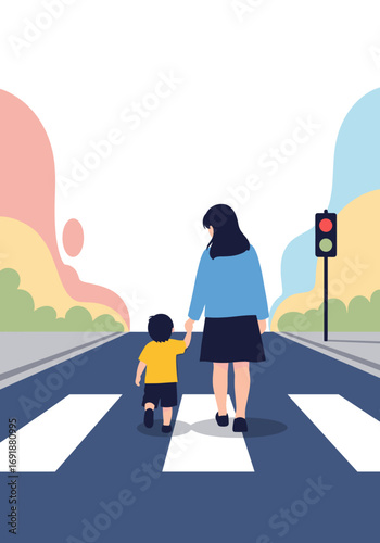 Loving mother guides child safely across busy street at crosswalk
