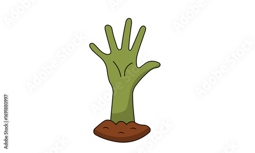 A cartoon illustration of a green zombie hand rising from a mound of dirt.