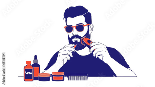 Stylish man with a well groomed beard and sunglasses using beard grooming products like oil and balm for maintenance