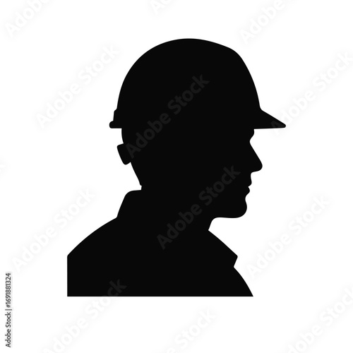 Black silhouette of construction worker head with helmet.