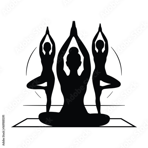 Black silhouette of three people practicing yoga poses on a mat with a circular arc and horizontal lines