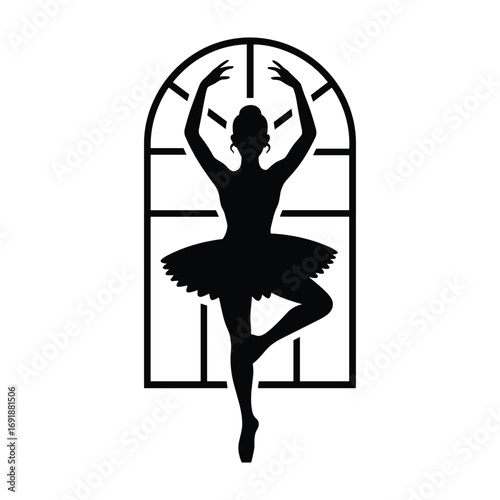 Black silhouette of a ballerina in a tutu performing a ballet pose in an arched window frame dancer