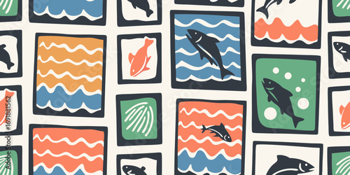 Mid century modern style seamless pattern featuring stylized fish and ocean waves in a grid layout