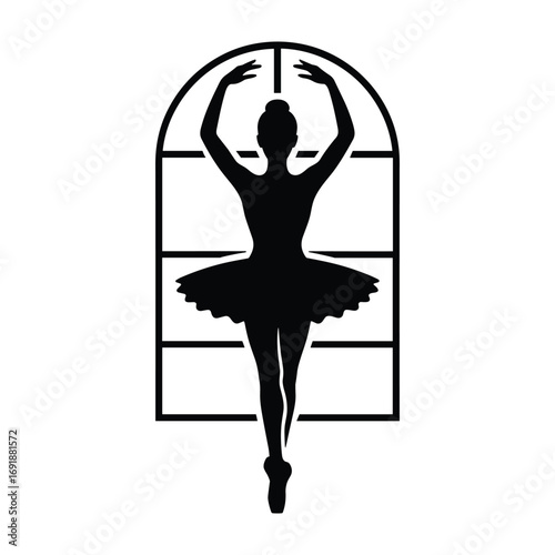 Black silhouette of a ballerina in a tutu and pointe shoes performing in front of an arched window frame