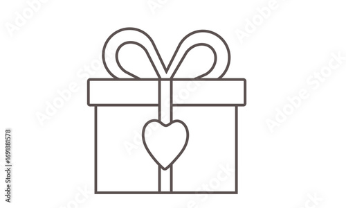 Simple line art illustration of a gift box tied with a ribbon bow and a heart-shaped tag, a vector icon symbolizing love and celebration