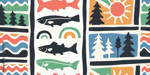 Whimsical and colorful abstract pattern featuring fish trees sun and rainbows in a playful collage style