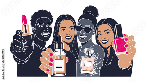 Diverse group of young women smiling and holding up various beauty products including lipstick perfume and skincare bottles in a vibrant illustration