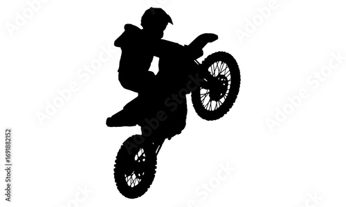Silhouette of a motocross rider performing a wheelie on a dirt bike against a white background.