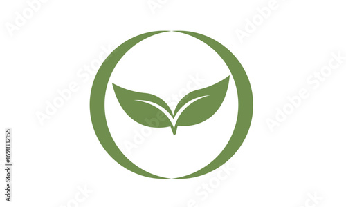 A minimalist logo featuring two green leaves centered within a circular green outline, symbolizing nature, growth, and sustainability.
