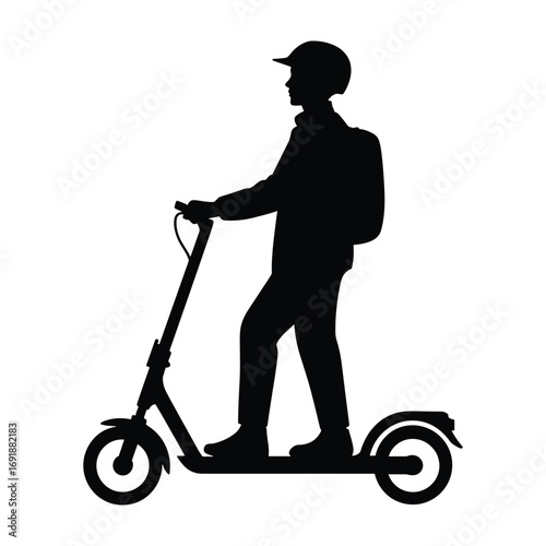 Black silhouette of a person wearing a cap and backpack riding an electric scooter vector