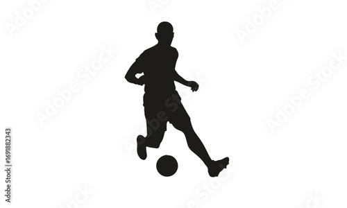 Silhouette of a soccer player dribbling a ball against a white background, action shot, graphic
