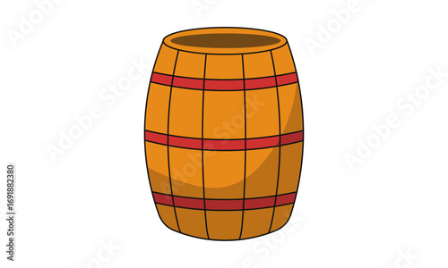 Illustration of a wooden barrel with red bands, commonly used for storage.