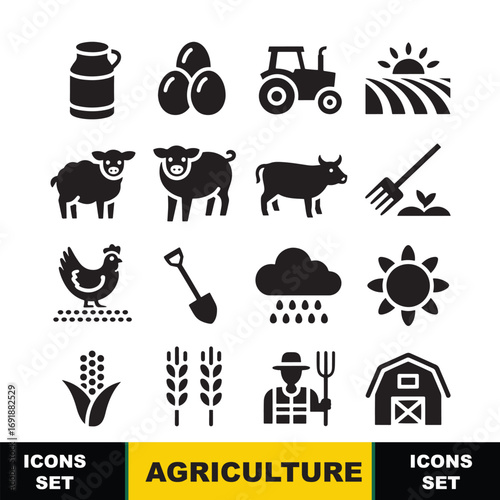 Black silhouette icons of farm animals crops and equipment on white background agriculture farming
