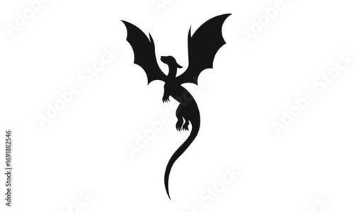Black silhouette of a mythical dragon with spread wings and a long tail, depicted in flight against a white background.