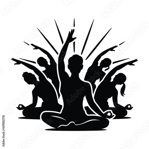 Black silhouette of diverse people in yoga poses with radiating lines meditation group