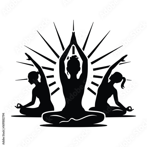 Black silhouette of three women in yoga poses with radiating lines meditation
