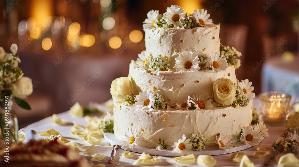 Fototapeta premium Stylish wedding cake with three tiers, decorated with white roses, daisies, and scattered rose petals, warm romantic lighting