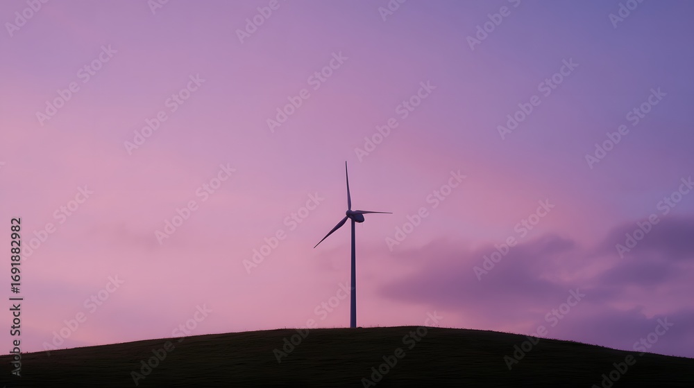 Obraz premium Tall wind turbine silhouetted against a serene sunset sky