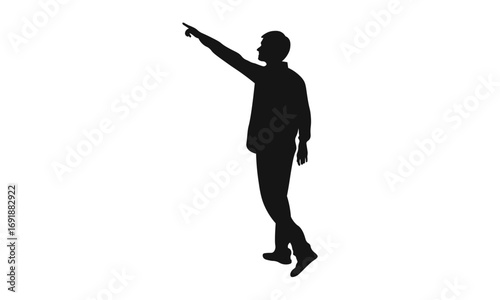 Silhouette of a person pointing upwards and to the left, isolated on a white background.