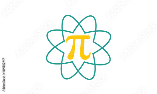A yellow Pi symbol is centered within an abstract teal eight-lobed atomic or star-like shape on a white background, representing scientific and mathematical concepts.